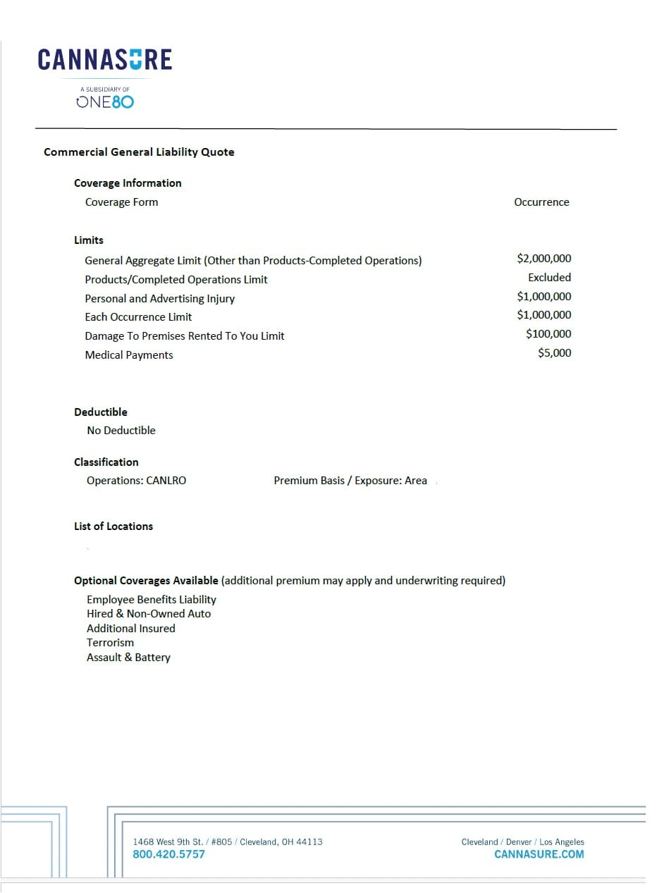 Cannabis Building Sample Liability Quote for business insurance.  Marijuana dispensary, cultivation, or manufacturer